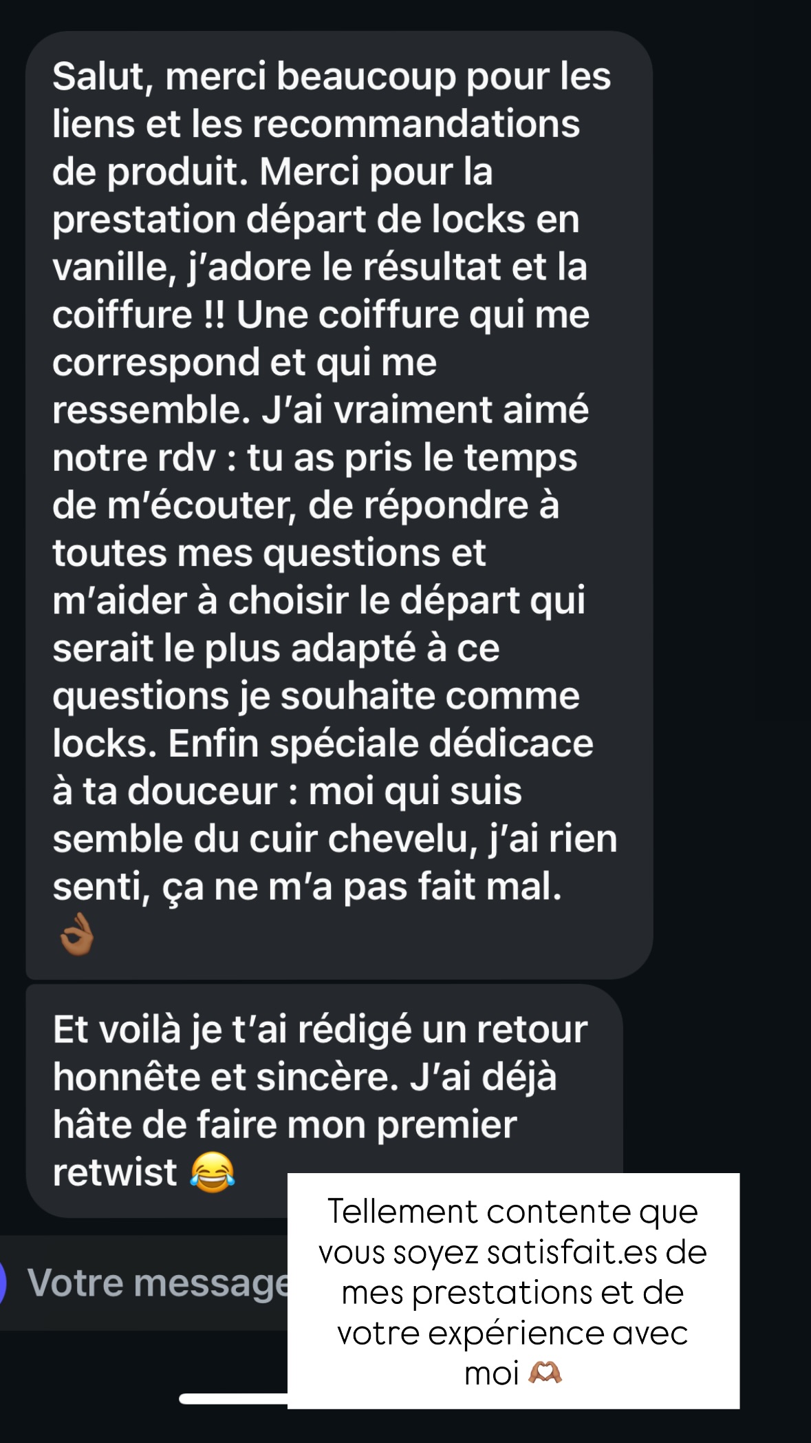Avis client sur la douceur de la prestation